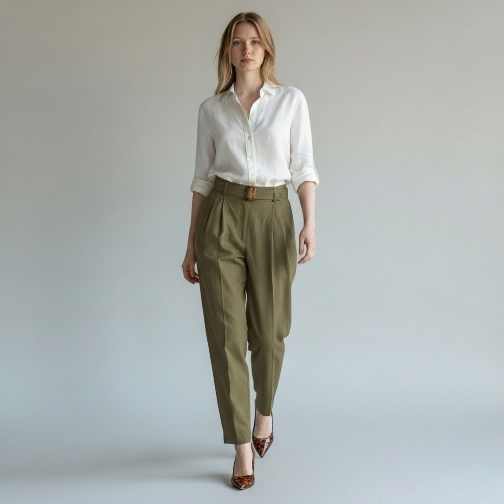 Vtg Silk Linen Career Trousers Olive Green High Waist Pleated Belted Pants 16